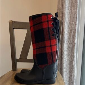 Coach Black and Red Plaid Rain Boots